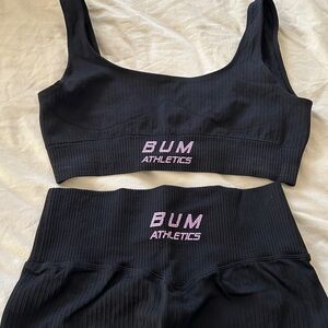 Black BUM Athletics Sports Bra and full length stretch leggings sets.
